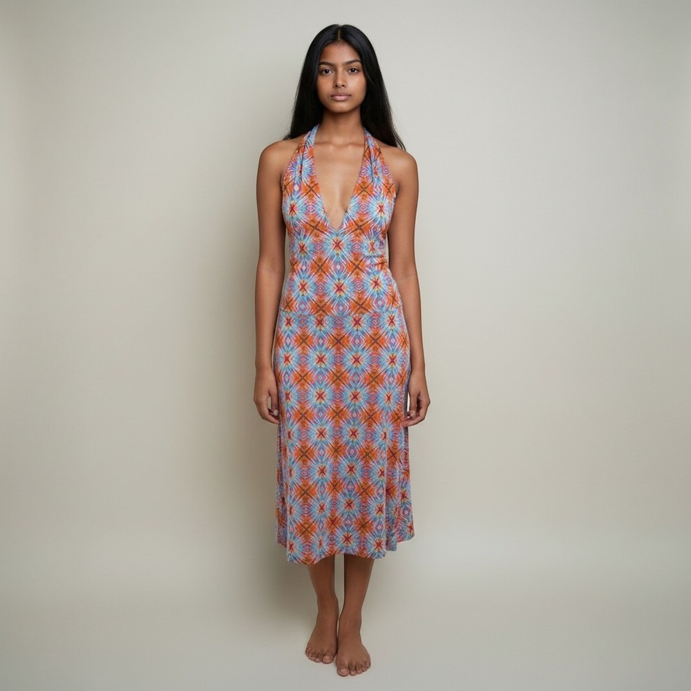 Viereck Women's Geometric V-Neck Racerback Midi Dress Orange Blue Large